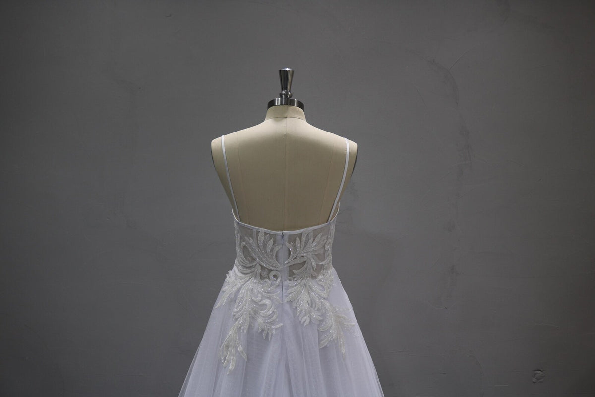 Spaghetti Strap A-Line Wedding Dress, Beaded Lace Bridal Gown, Sheer Bodice Tulle Wedding Dress with Train