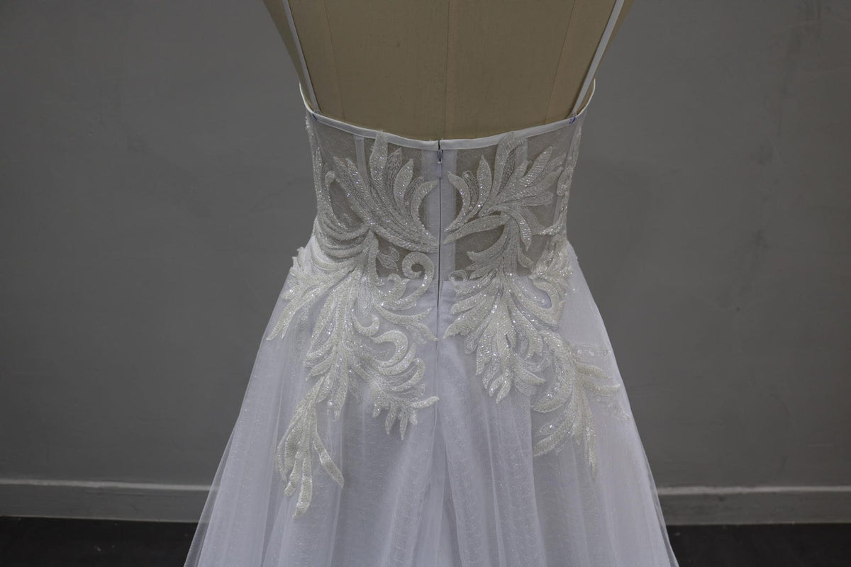 Spaghetti Strap A-Line Wedding Dress, Beaded Lace Bridal Gown, Sheer Bodice Tulle Wedding Dress with Train