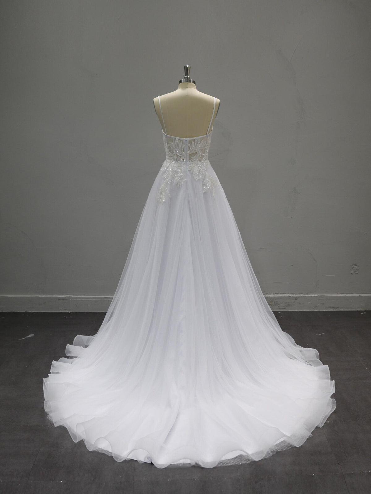 Spaghetti Strap A-Line Wedding Dress, Beaded Lace Bridal Gown, Sheer Bodice Tulle Wedding Dress with Train