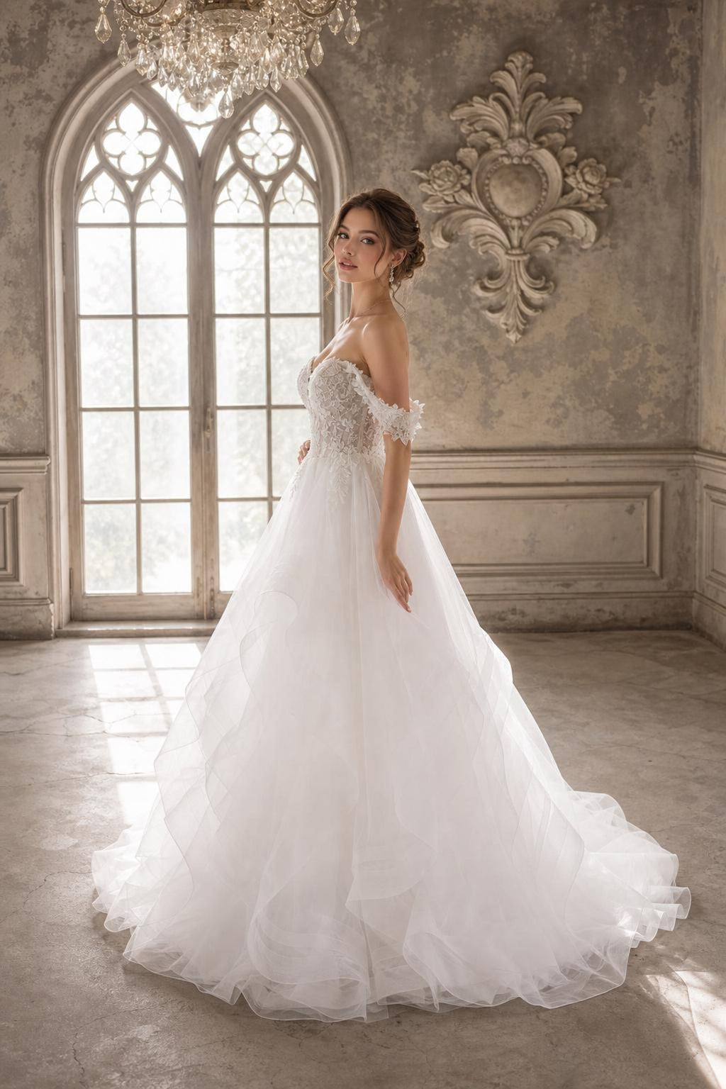 Off the Shoulder Lace Ball Gown Wedding Dress, Ruffled Tulle Bridal Gown, Deep V Neck A-line Wedding Dress with Train