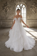 Off the Shoulder Lace Ball Gown Wedding Dress, Ruffled Tulle Bridal Gown, Deep V Neck A-line Wedding Dress with Train