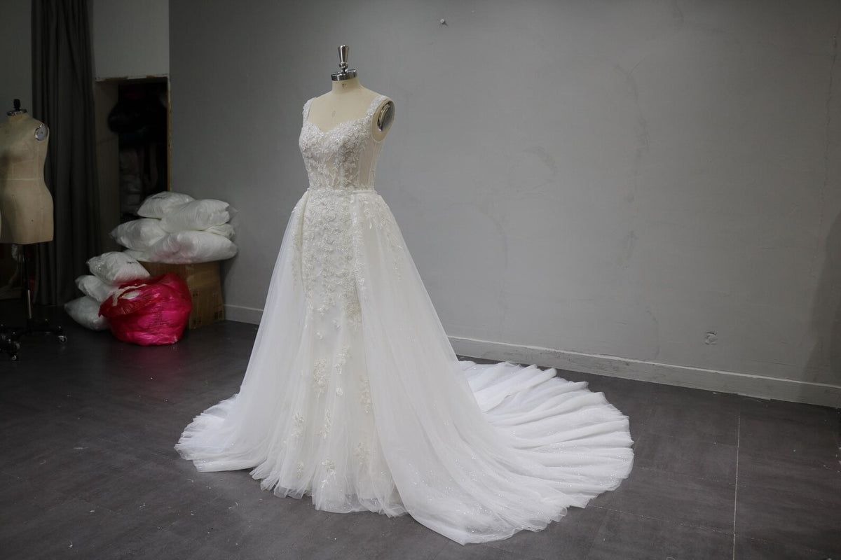Sweetheart Mermaid Wedding Dress, Lace Applique Bridal Gown, Sleeveless Sheer Bodice Tulle Gown with Train