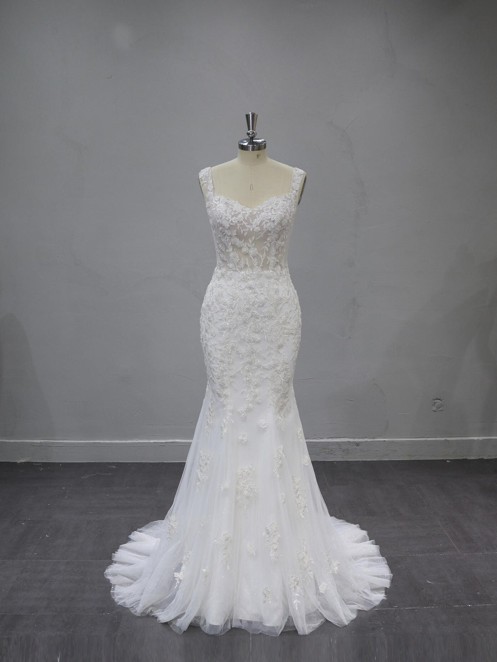 Sweetheart Mermaid Wedding Dress, Lace Applique Bridal Gown, Sleeveless Sheer Bodice Tulle Gown with Train