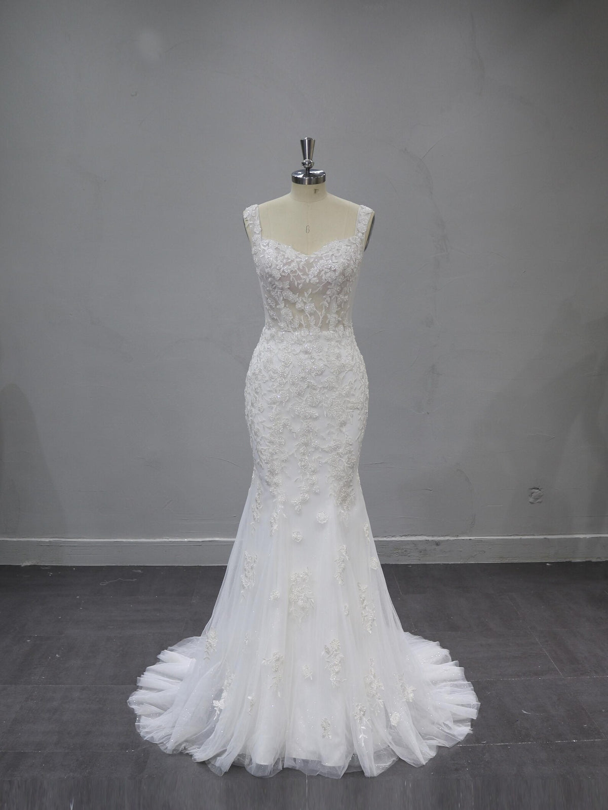 Sweetheart Mermaid Wedding Dress, Lace Applique Bridal Gown, Sleeveless Sheer Bodice Tulle Gown with Train