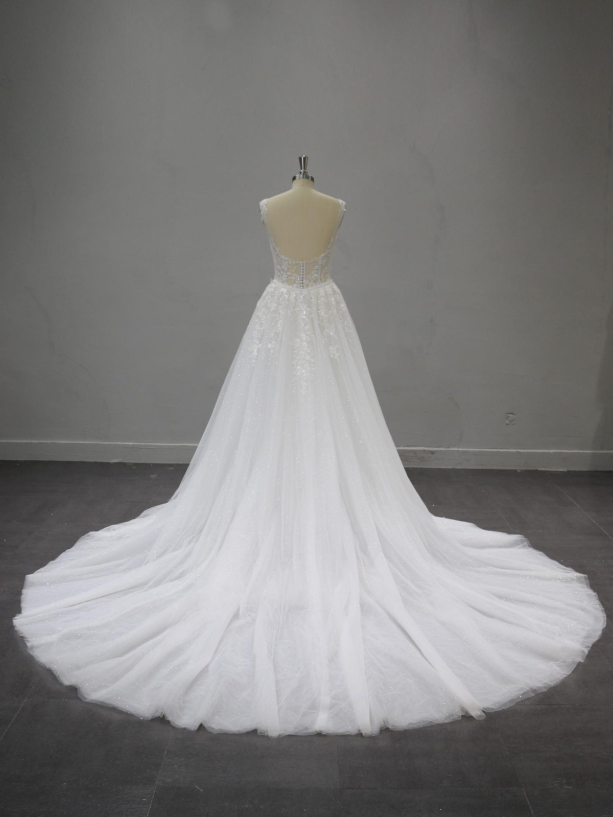 Sweetheart Mermaid Wedding Dress, Lace Applique Bridal Gown, Sleeveless Sheer Bodice Tulle Gown with Train