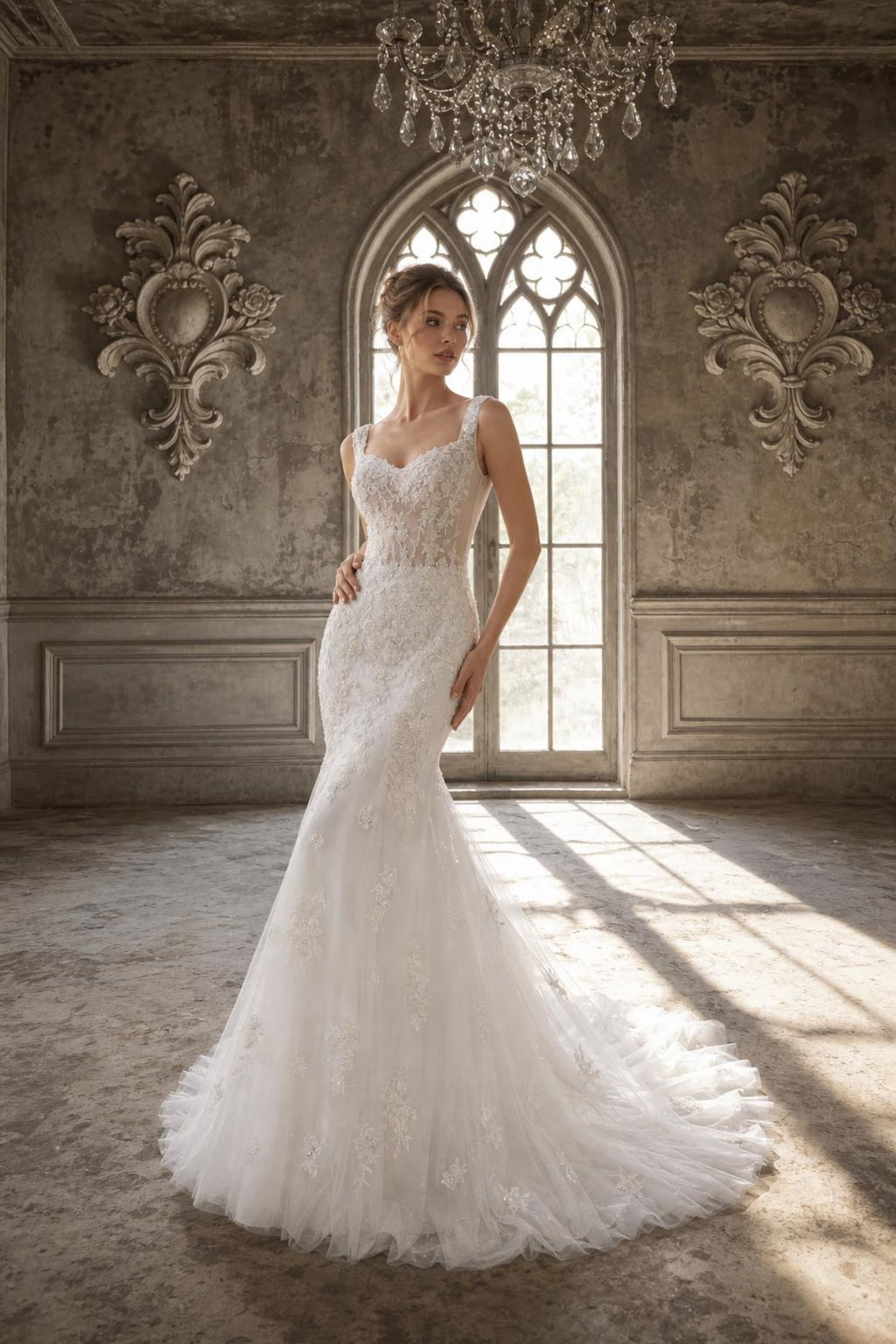 Sweetheart Mermaid Wedding Dress, Lace Applique Bridal Gown, Sleeveless Sheer Bodice Tulle Gown with Train