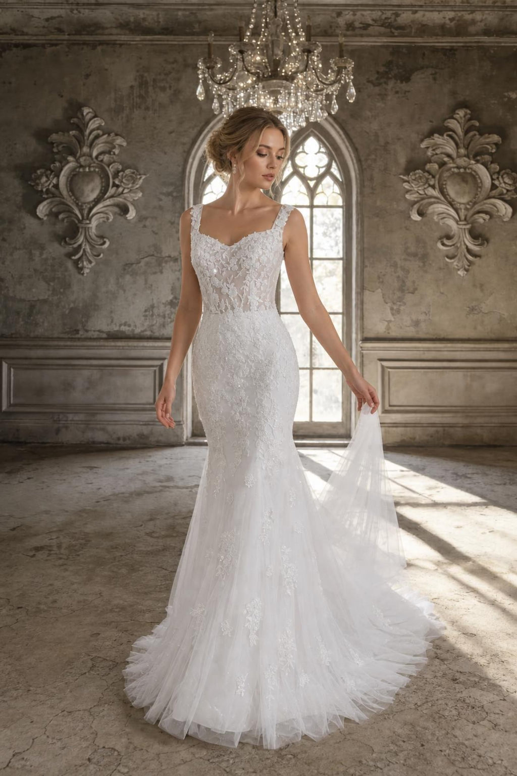 Sweetheart Mermaid Wedding Dress, Lace Applique Bridal Gown, Sleeveless Sheer Bodice Tulle Gown with Train