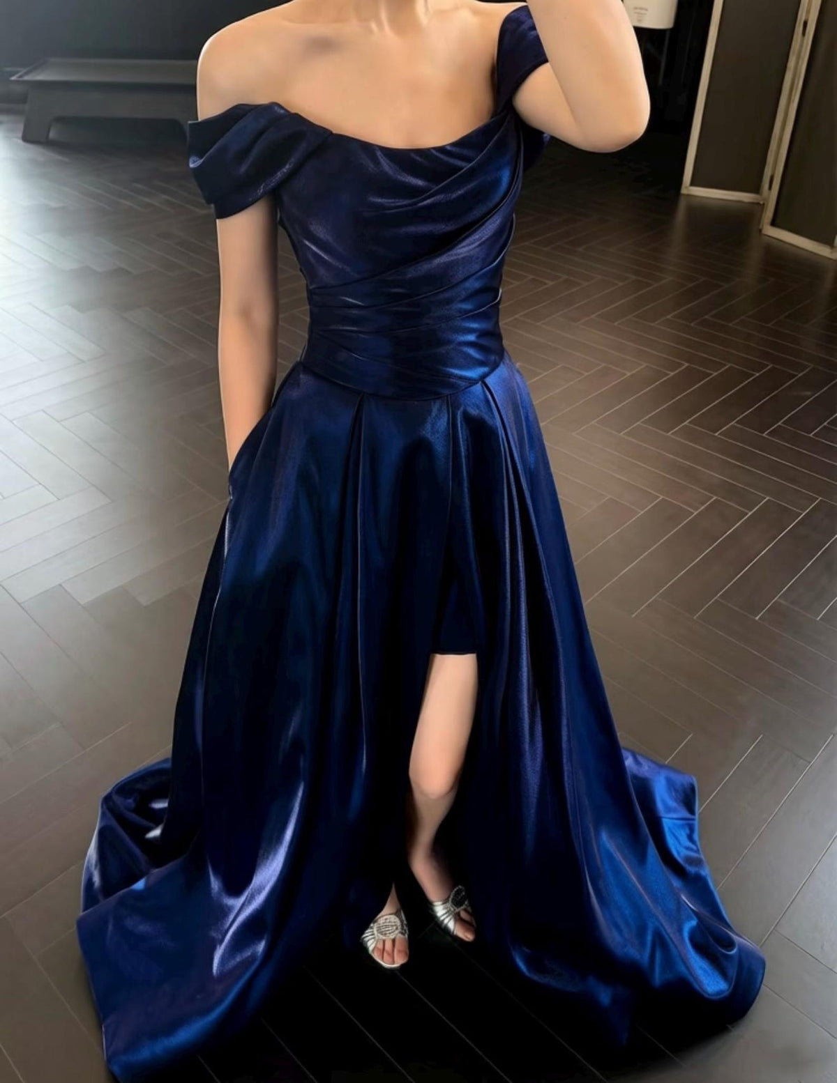 Navy Blue Satin Off Shoulder Evening Gown, High Slit Formal Dress, Prom Dress with Pockets, Elegant Pageant Wedding Guest Dress