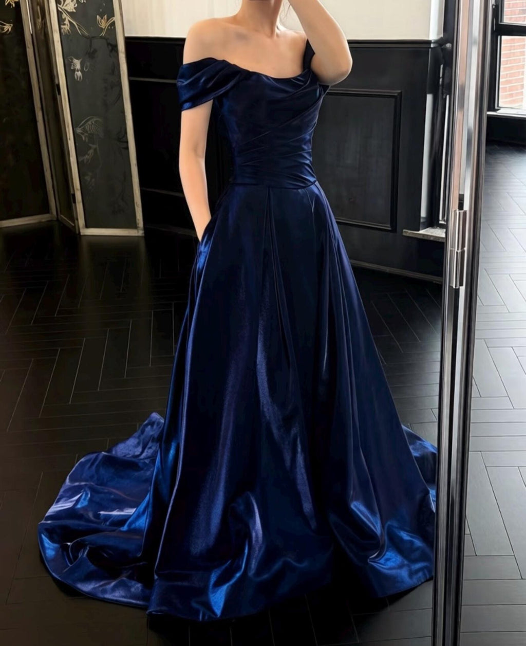 Navy Blue Satin Off Shoulder Evening Gown, High Slit Formal Dress, Prom Dress with Pockets, Elegant Pageant Wedding Guest Dress