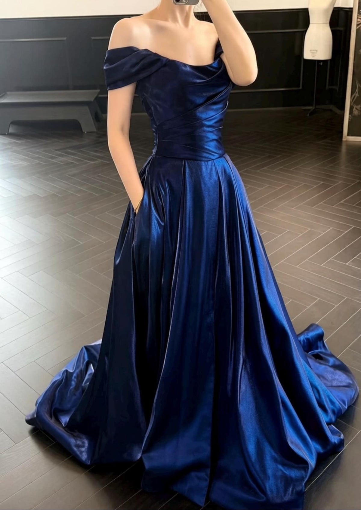Navy Blue Satin Off Shoulder Evening Gown, High Slit Formal Dress, Prom Dress with Pockets, Elegant Pageant Wedding Guest Dress
