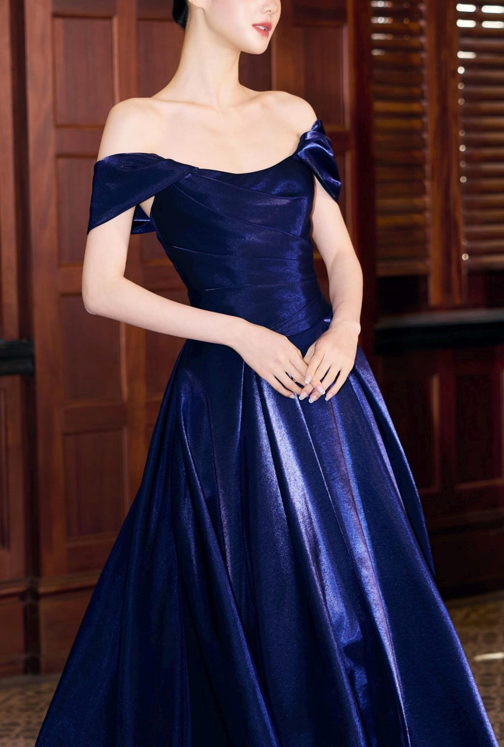 Navy Blue Satin Off Shoulder Evening Gown, High Slit Formal Dress, Prom Dress with Pockets, Elegant Pageant Wedding Guest Dress