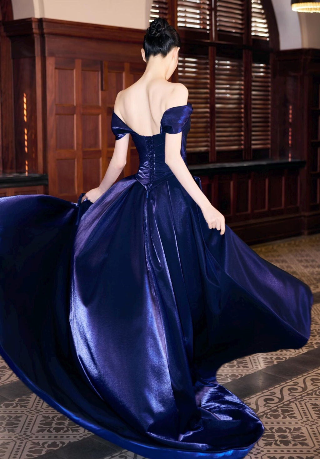 Navy Blue Satin Off Shoulder Evening Gown, High Slit Formal Dress, Prom Dress with Pockets, Elegant Pageant Wedding Guest Dress