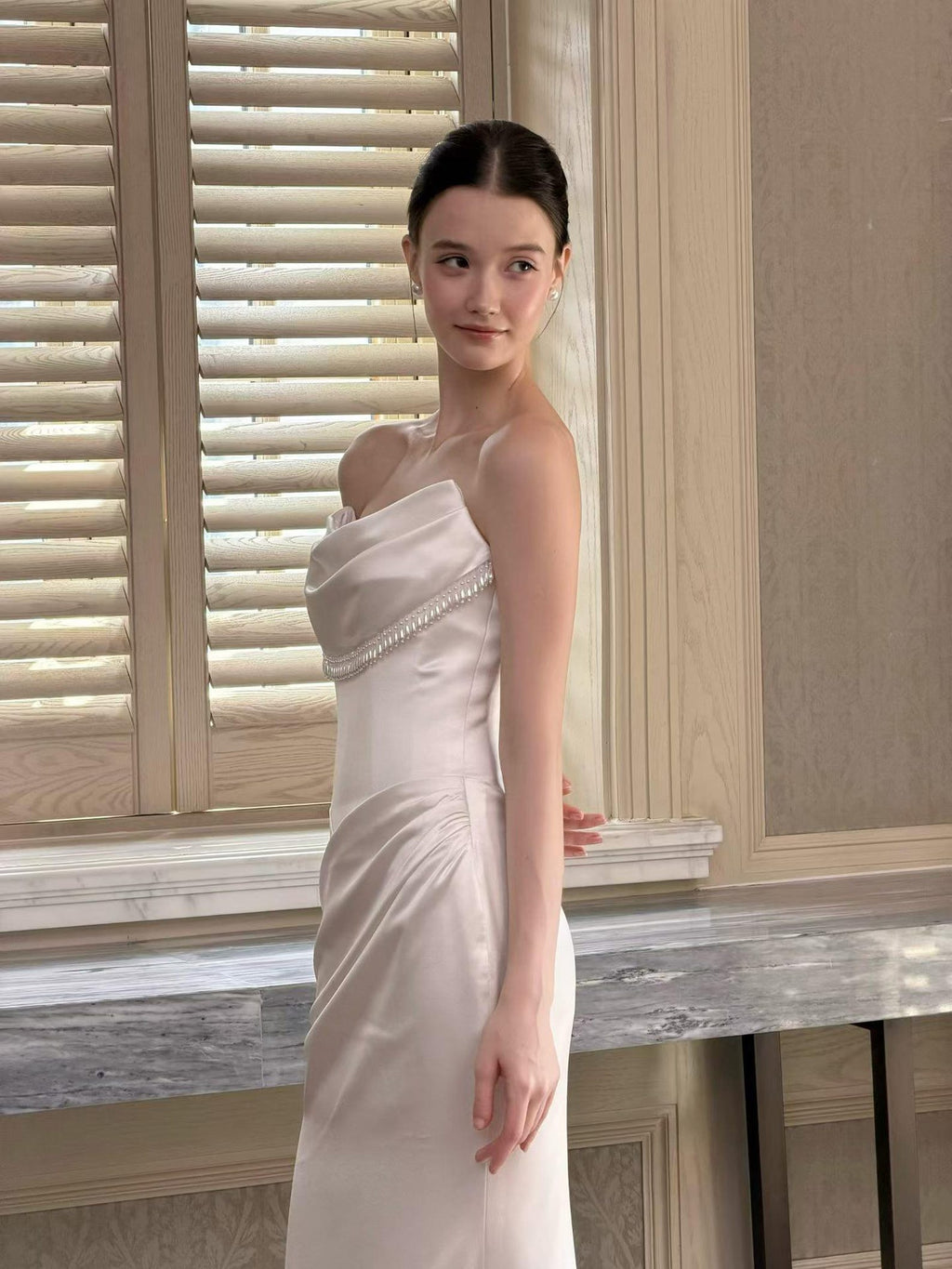 Strapless Cowl Neck Satin Mermaid Wedding Dress, Pearl Beaded Trim Bridal Gown, Simple Elegant Wedding Gown with Train