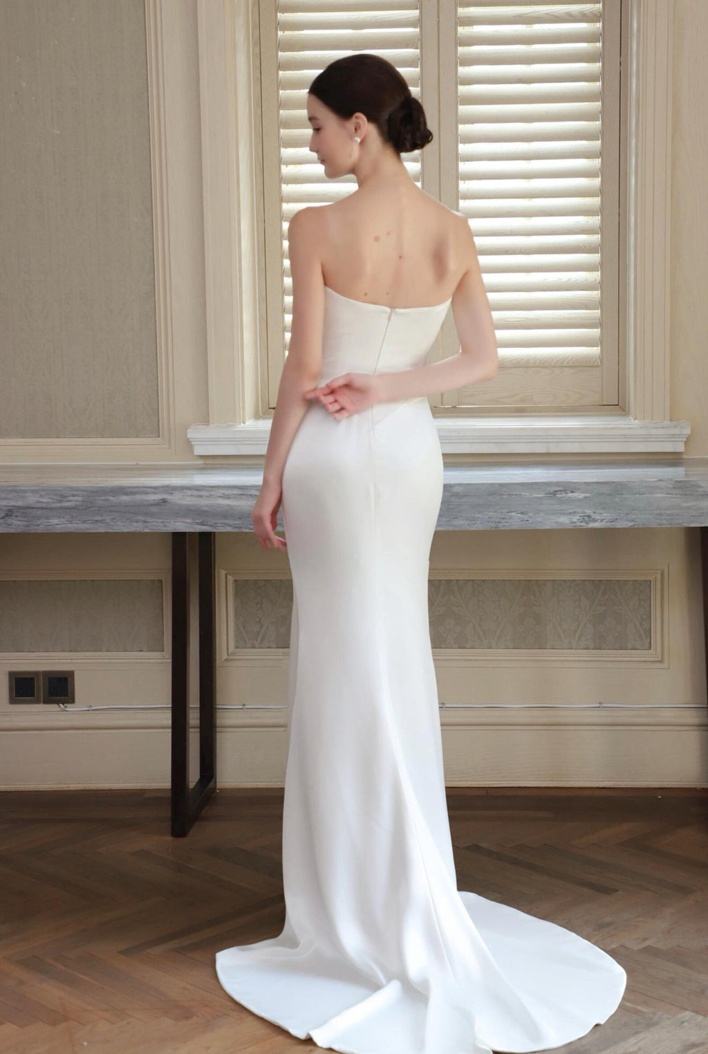Strapless Cowl Neck Satin Mermaid Wedding Dress, Pearl Beaded Trim Bridal Gown, Simple Elegant Wedding Gown with Train