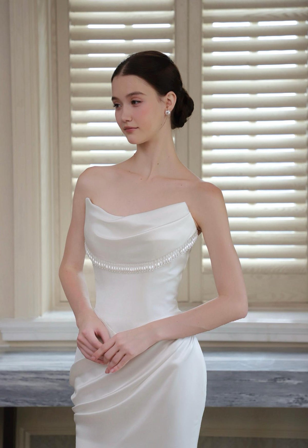 Strapless Cowl Neck Satin Mermaid Wedding Dress, Pearl Beaded Trim Bridal Gown, Simple Elegant Wedding Gown with Train