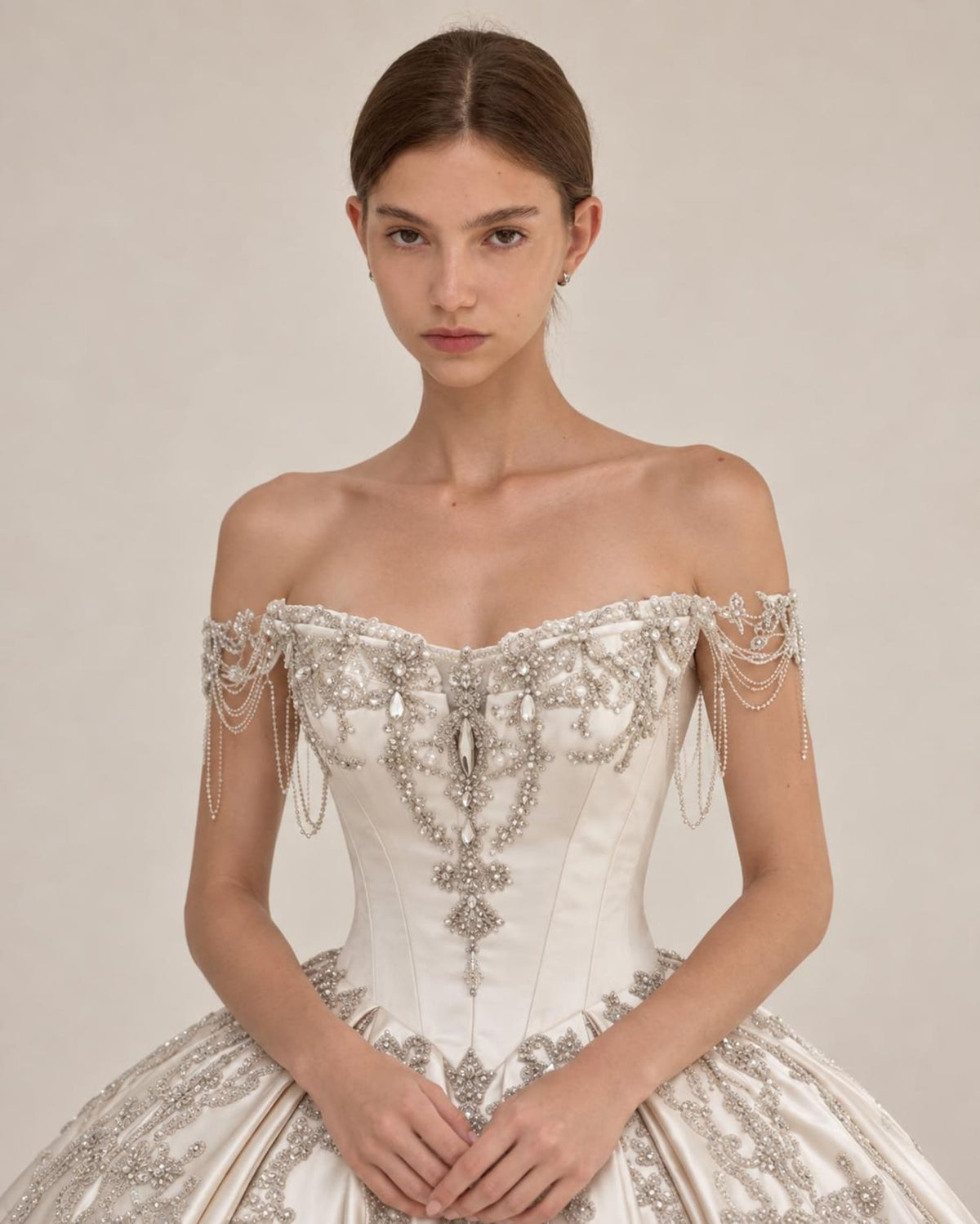 Luxury Satin Ball Gown Wedding Dress, Off Shoulder Beaded Bridal Gown, Cathedral Train Custom Wedding Gown