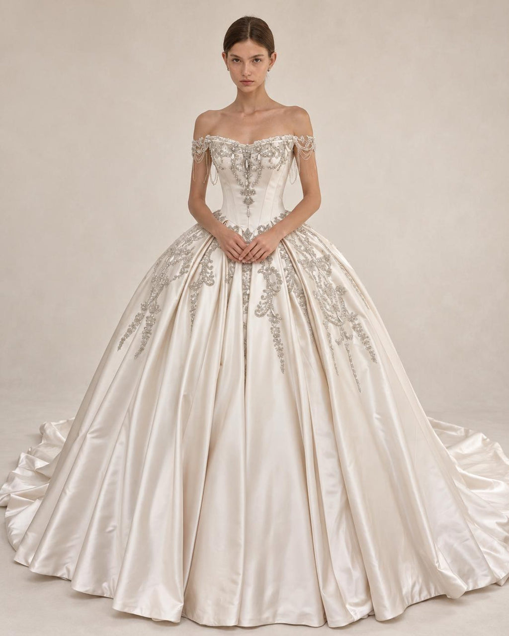Luxury Satin Ball Gown Wedding Dress, Off Shoulder Beaded Bridal Gown, Cathedral Train Custom Wedding Gown