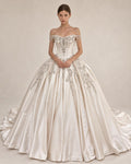 Luxury Satin Ball Gown Wedding Dress, Off Shoulder Beaded Bridal Gown, Cathedral Train Custom Wedding Gown