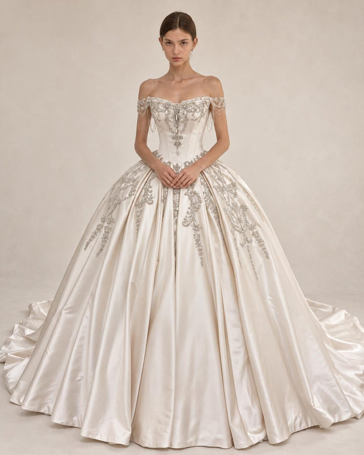Luxury Satin Ball Gown Wedding Dress, Off Shoulder Beaded Bridal Gown, Cathedral Train Custom Wedding Gown