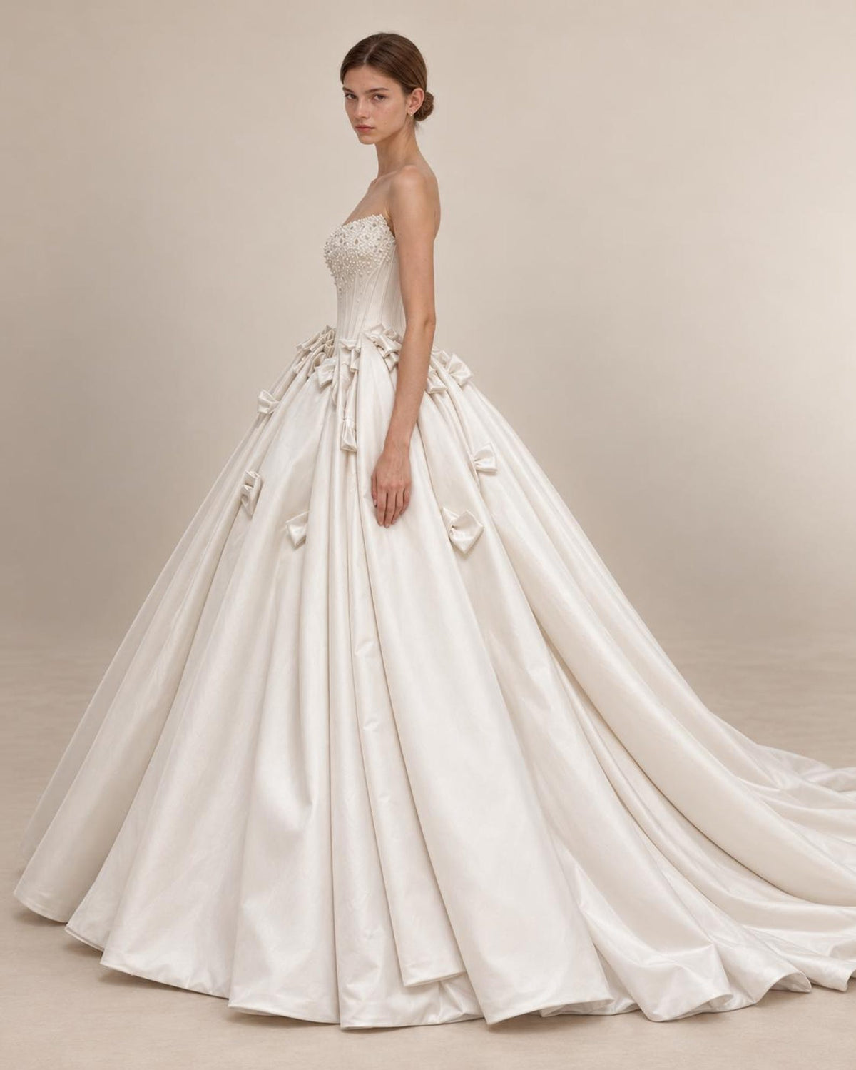 Strapless Satin Ballgown Wedding Dress, Beaded Corset Bridal Gown, Bow Details Luxury Wedding Gown, Princess Wedding Dress with Train