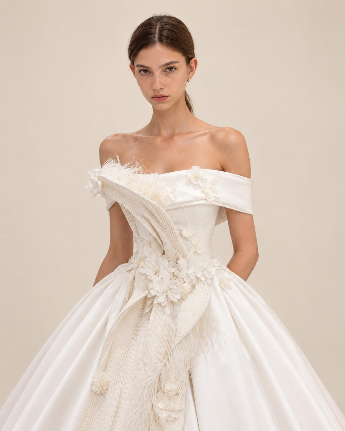 Off Shoulder Satin Ballgown Wedding Dress, 3D Floral & Feather Bridal Gown, Luxury Cathedral Train Wedding Gown