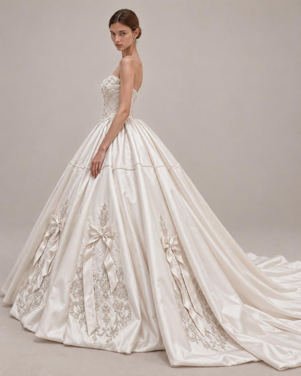 Sweetheart Satin Ballgown Wedding Dress, Lace & Bow Bridal Gown, Luxury Cathedral Train Wedding Gown