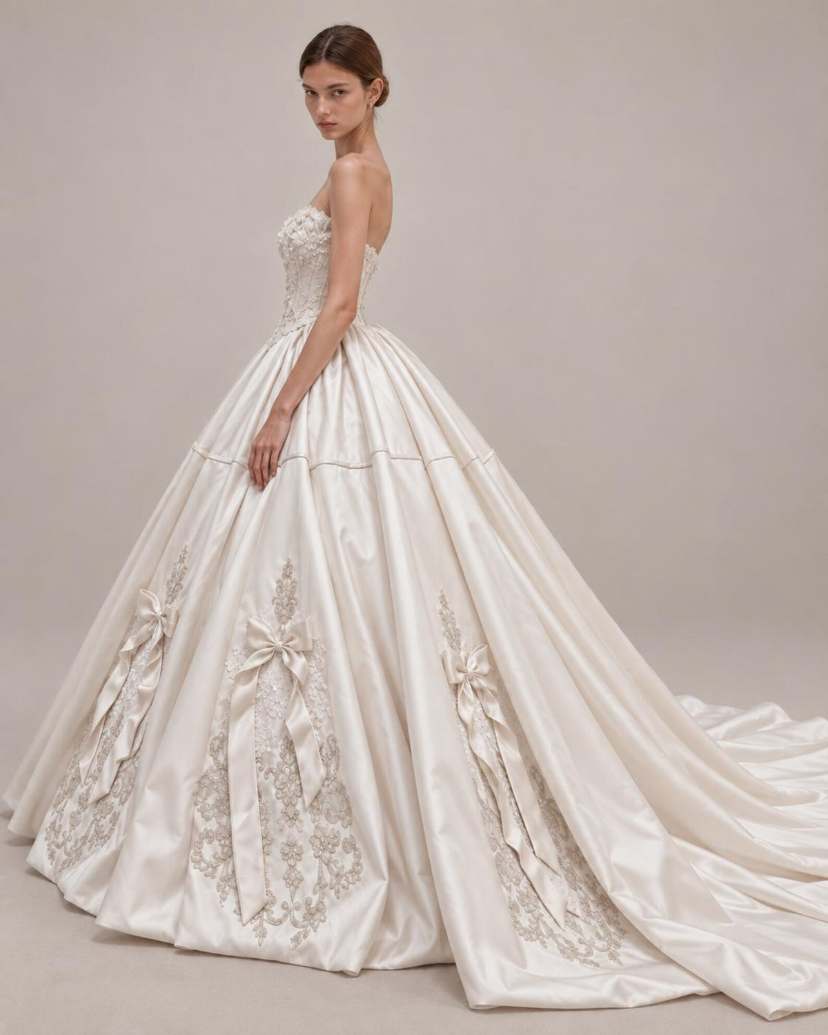 Sweetheart Satin Ballgown Wedding Dress, Lace & Bow Bridal Gown, Luxury Cathedral Train Wedding Gown