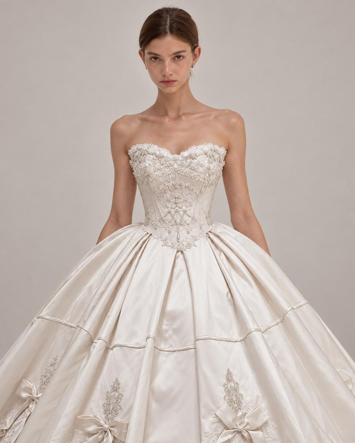 Sweetheart Satin Ballgown Wedding Dress, Lace & Bow Bridal Gown, Luxury Cathedral Train Wedding Gown