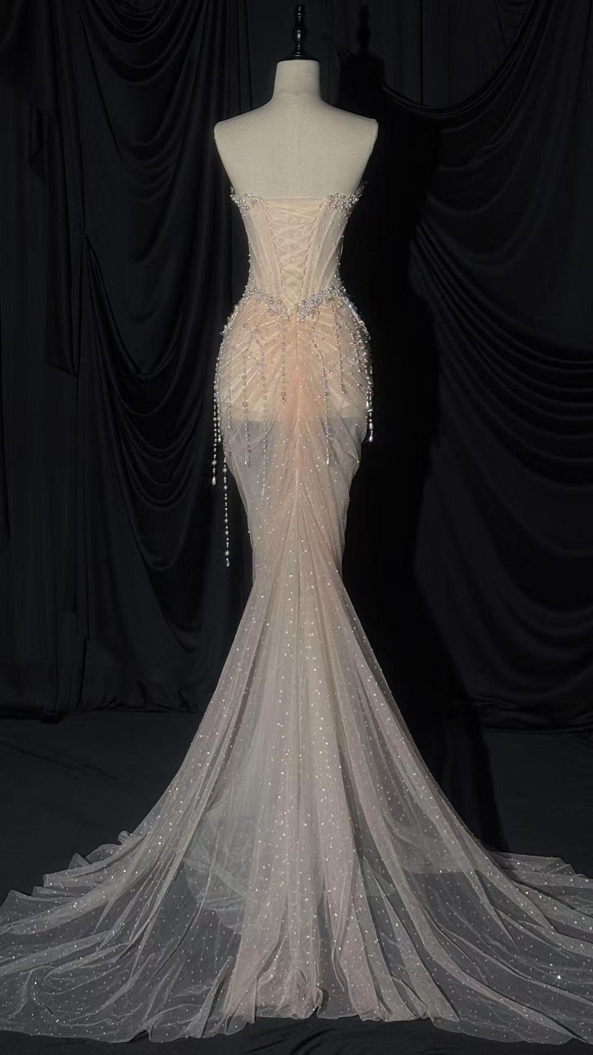 Luxury Beaded Mermaid Wedding Dress, Strapless Corset Sheer Tulle Bridal Gown with Dangling Pearl Chains, Cathedral Train
