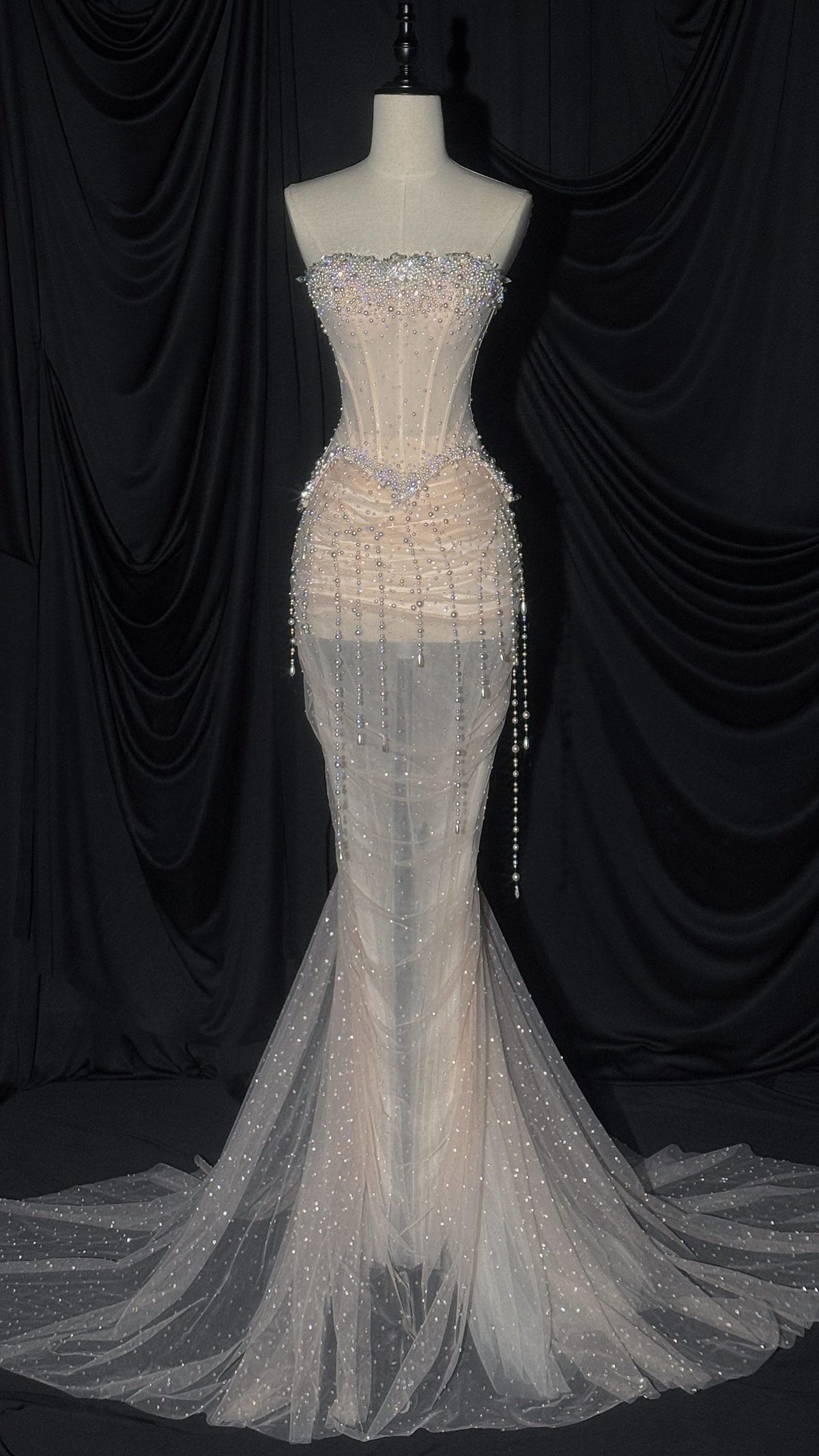 Luxury Beaded Mermaid Wedding Dress, Strapless Corset Sheer Tulle Bridal Gown with Dangling Pearl Chains, Cathedral Train