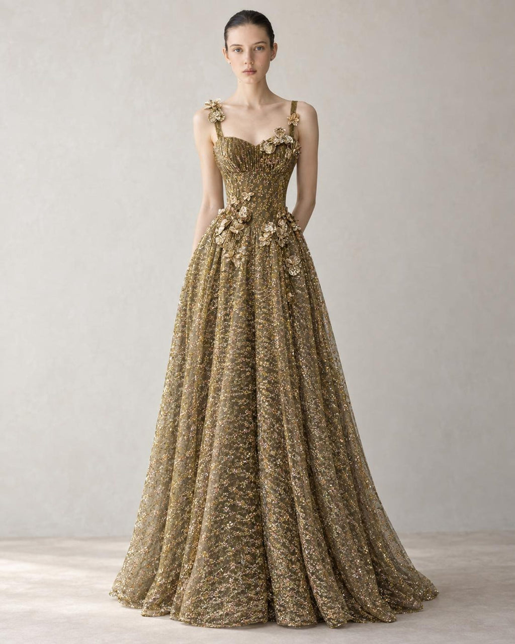 Olive Gold 3D Floral Evening Gown, Spaghetti Straps A-Line Formal Dress, Hand Beaded Tulle Wedding Guest Dress, Prom Gown