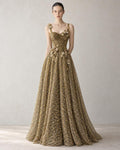 Olive Gold 3D Floral Evening Gown, Spaghetti Straps A-Line Formal Dress, Hand Beaded Tulle Wedding Guest Dress, Prom Gown