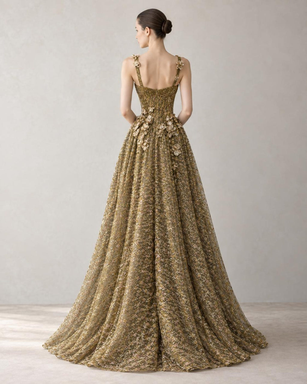 Olive Gold 3D Floral Evening Gown, Spaghetti Straps A-Line Formal Dress, Hand Beaded Tulle Wedding Guest Dress, Prom Gown