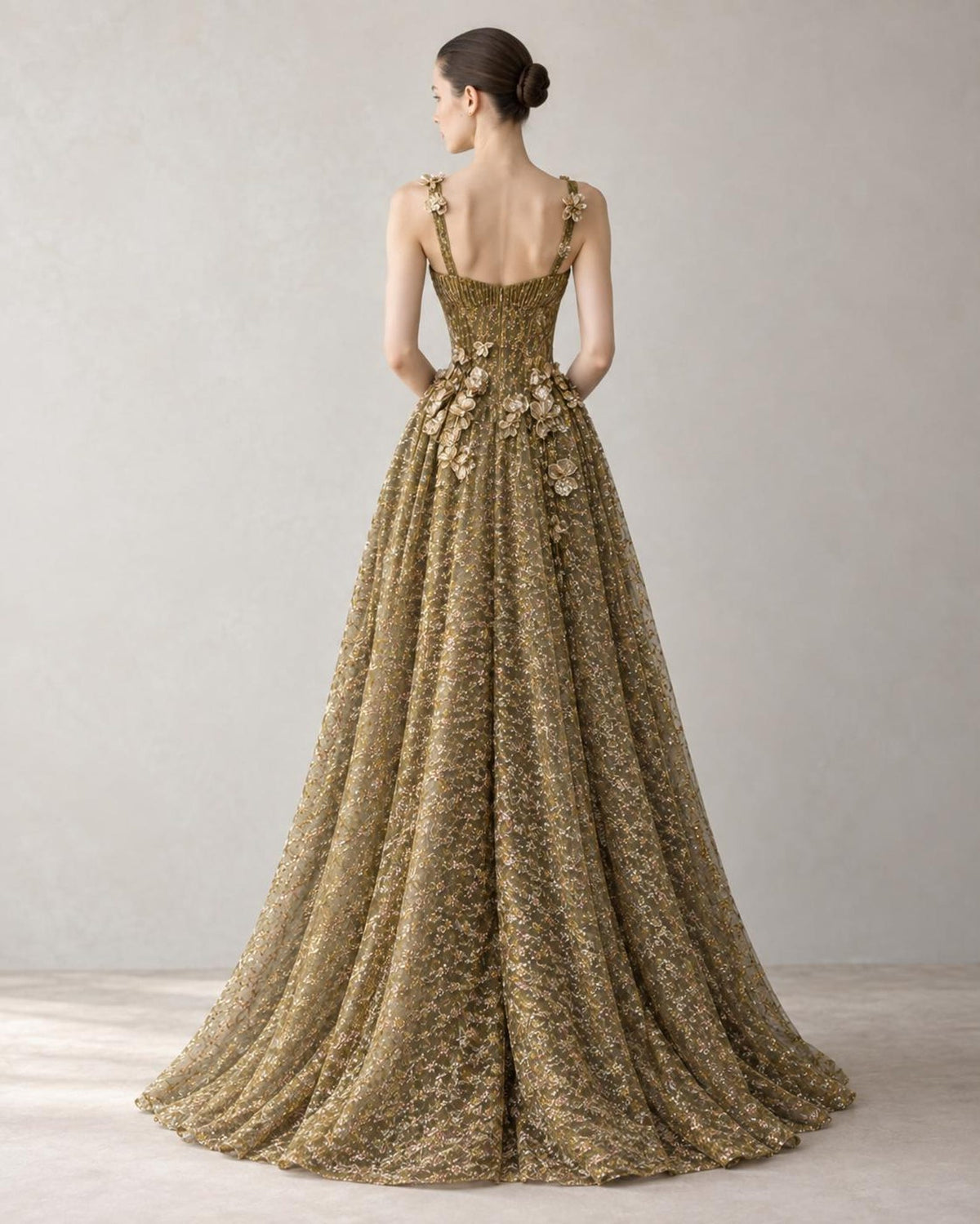 Olive Gold 3D Floral Evening Gown, Spaghetti Straps A-Line Formal Dress, Hand Beaded Tulle Wedding Guest Dress, Prom Gown