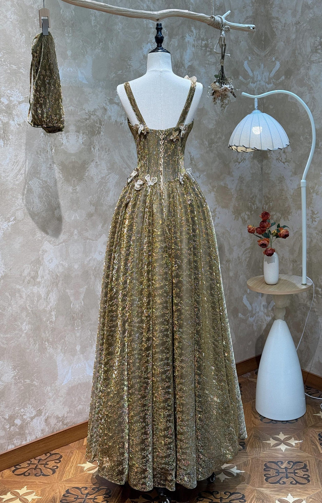Olive Gold 3D Floral Evening Gown, Spaghetti Straps A-Line Formal Dress, Hand Beaded Tulle Wedding Guest Dress, Prom Gown