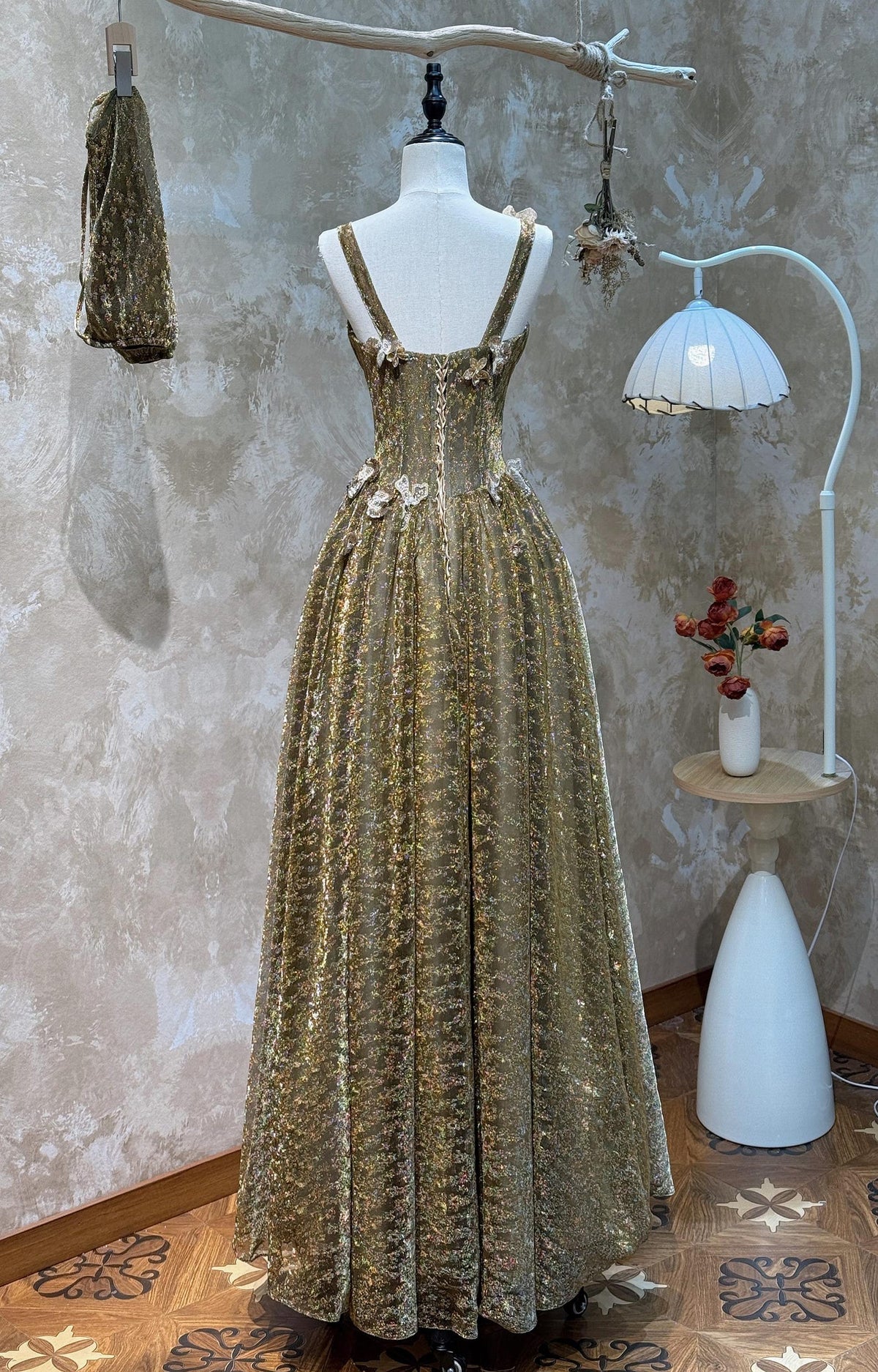 Olive Gold 3D Floral Evening Gown, Spaghetti Straps A-Line Formal Dress, Hand Beaded Tulle Wedding Guest Dress, Prom Gown