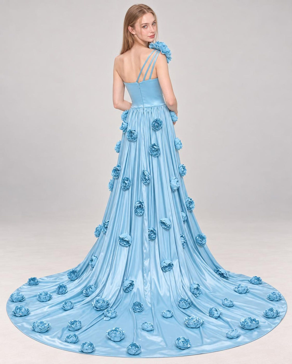 Sky Blue One Shoulder Satin Gown, 3D Floral High Low Formal Dress, Beaded Evening Gown with Detachable Train, Prom Dress
