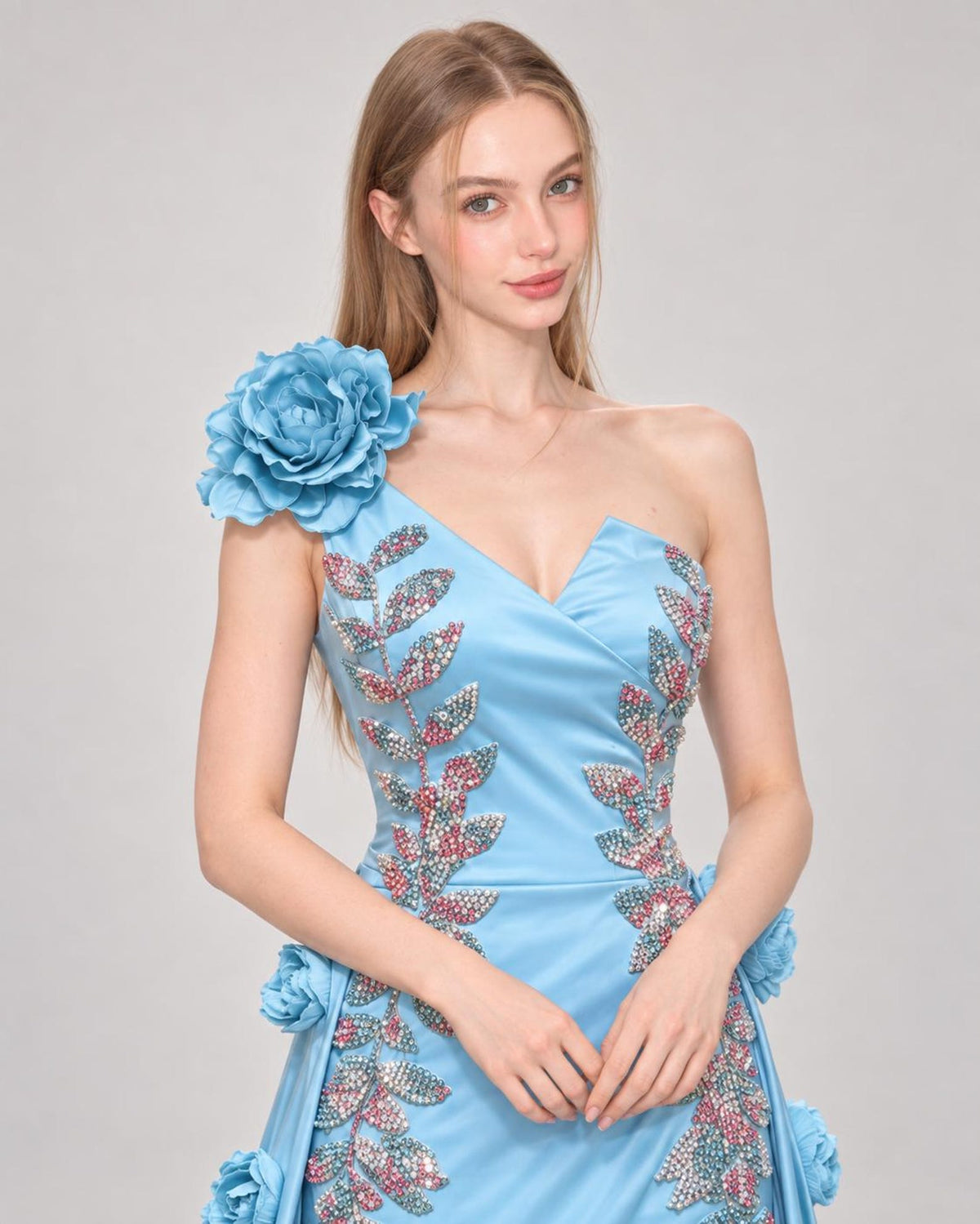 Sky Blue One Shoulder Satin Gown, 3D Floral High Low Formal Dress, Beaded Evening Gown with Detachable Train, Prom Dress