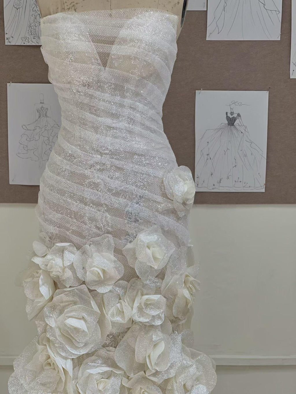 Strapless Mermaid Wedding Dress, 3D Floral Bridal Gown, Sparkle Tulle Fitted Wedding Gown with Long Train, Romantic Rose Wedding Dress