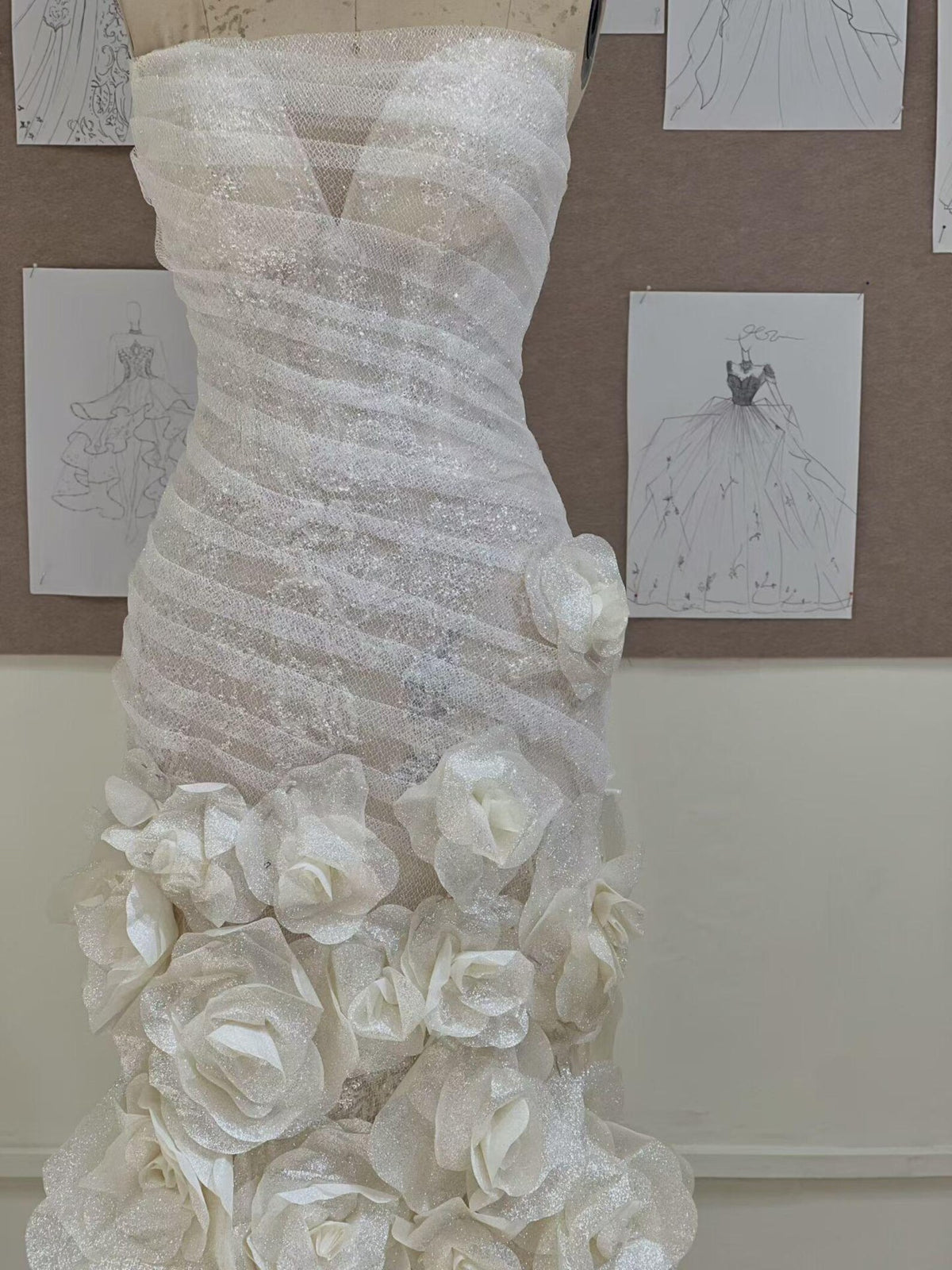 Strapless Mermaid Wedding Dress, 3D Floral Bridal Gown, Sparkle Tulle Fitted Wedding Gown with Long Train, Romantic Rose Wedding Dress