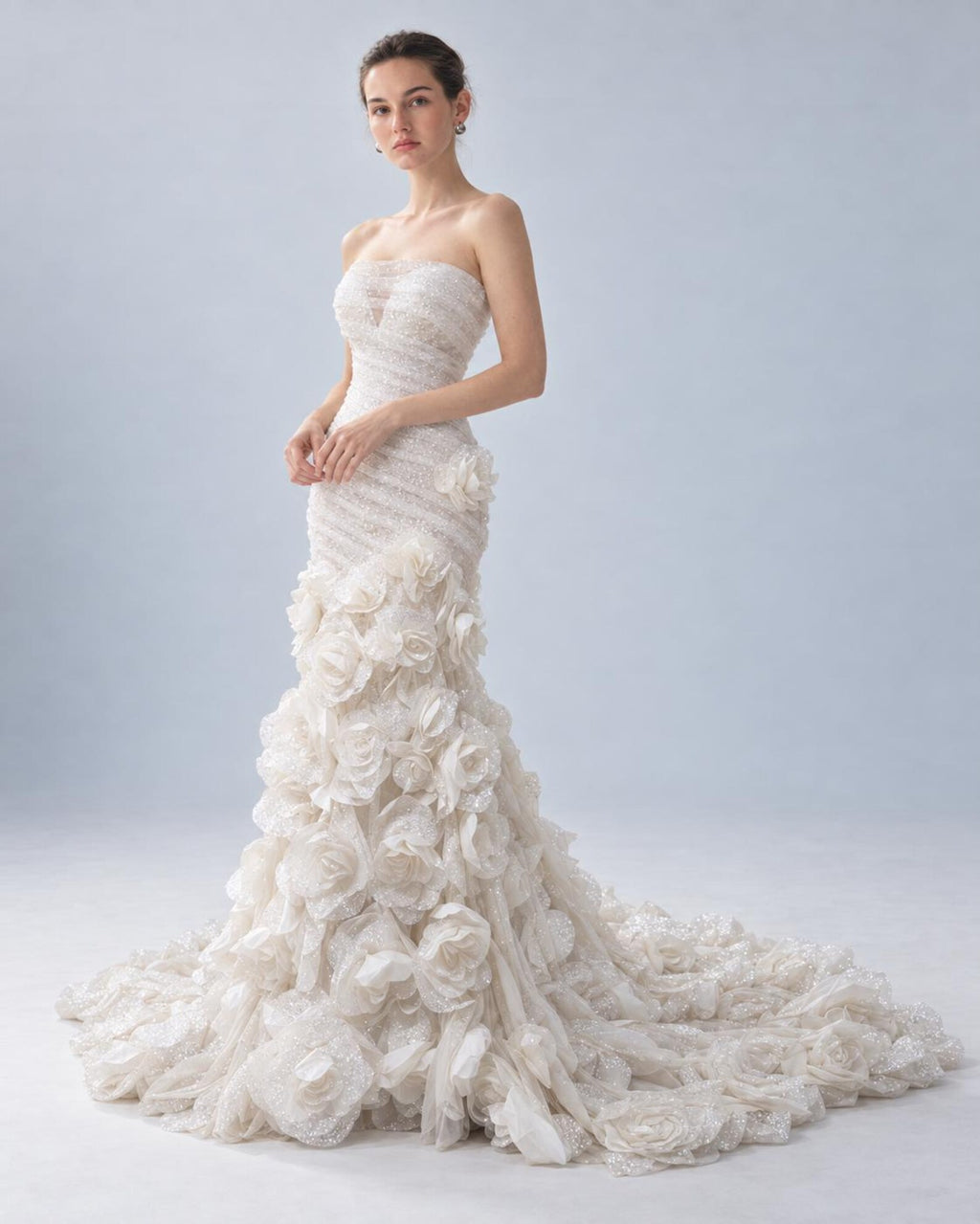 Strapless Mermaid Wedding Dress, 3D Floral Bridal Gown, Sparkle Tulle Fitted Wedding Gown with Long Train, Romantic Rose Wedding Dress