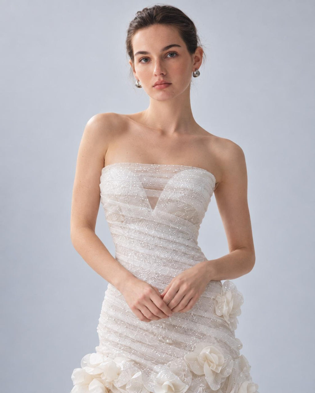 Strapless Mermaid Wedding Dress, 3D Floral Bridal Gown, Sparkle Tulle Fitted Wedding Gown with Long Train, Romantic Rose Wedding Dress
