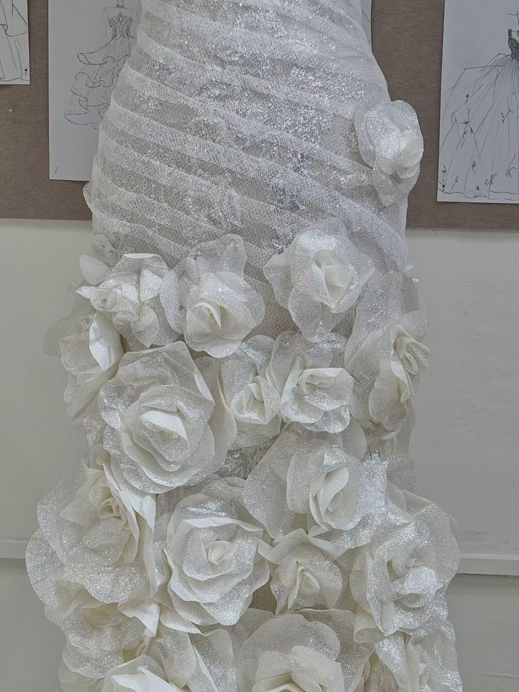 Strapless Mermaid Wedding Dress, 3D Floral Bridal Gown, Sparkle Tulle Fitted Wedding Gown with Long Train, Romantic Rose Wedding Dress