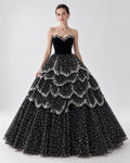 Black Ball Gown, Pearl Crystal Evening Dress, Strapless Velvet Prom Dress, Layered Formal Gown, Dramatic Black Wedding Dress, Custom Made