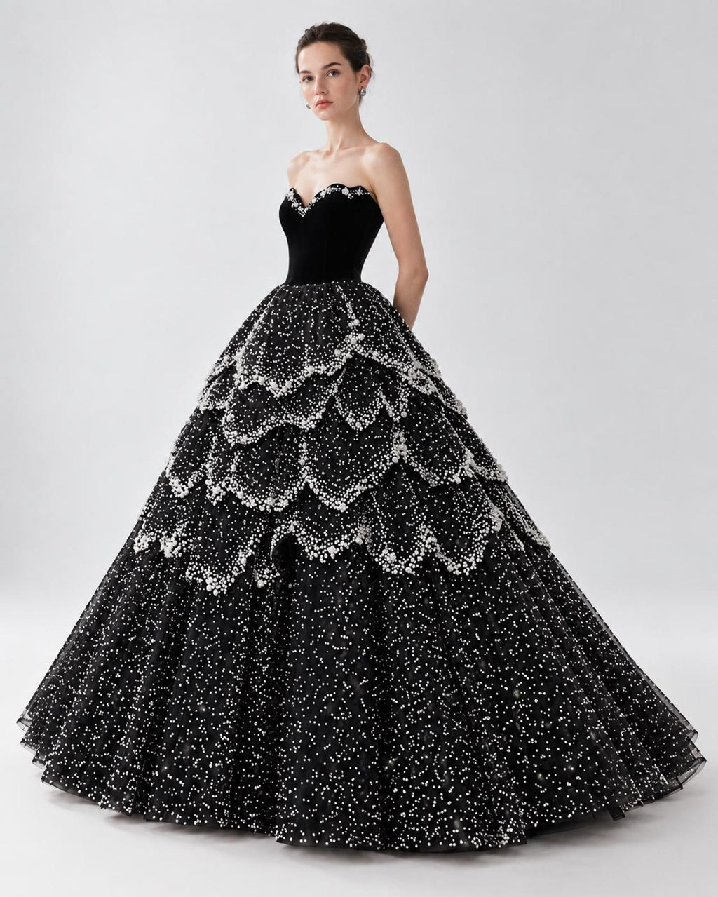 Black Ball Gown, Pearl Crystal Evening Dress, Strapless Velvet Prom Dress, Layered Formal Gown, Dramatic Black Wedding Dress, Custom Made