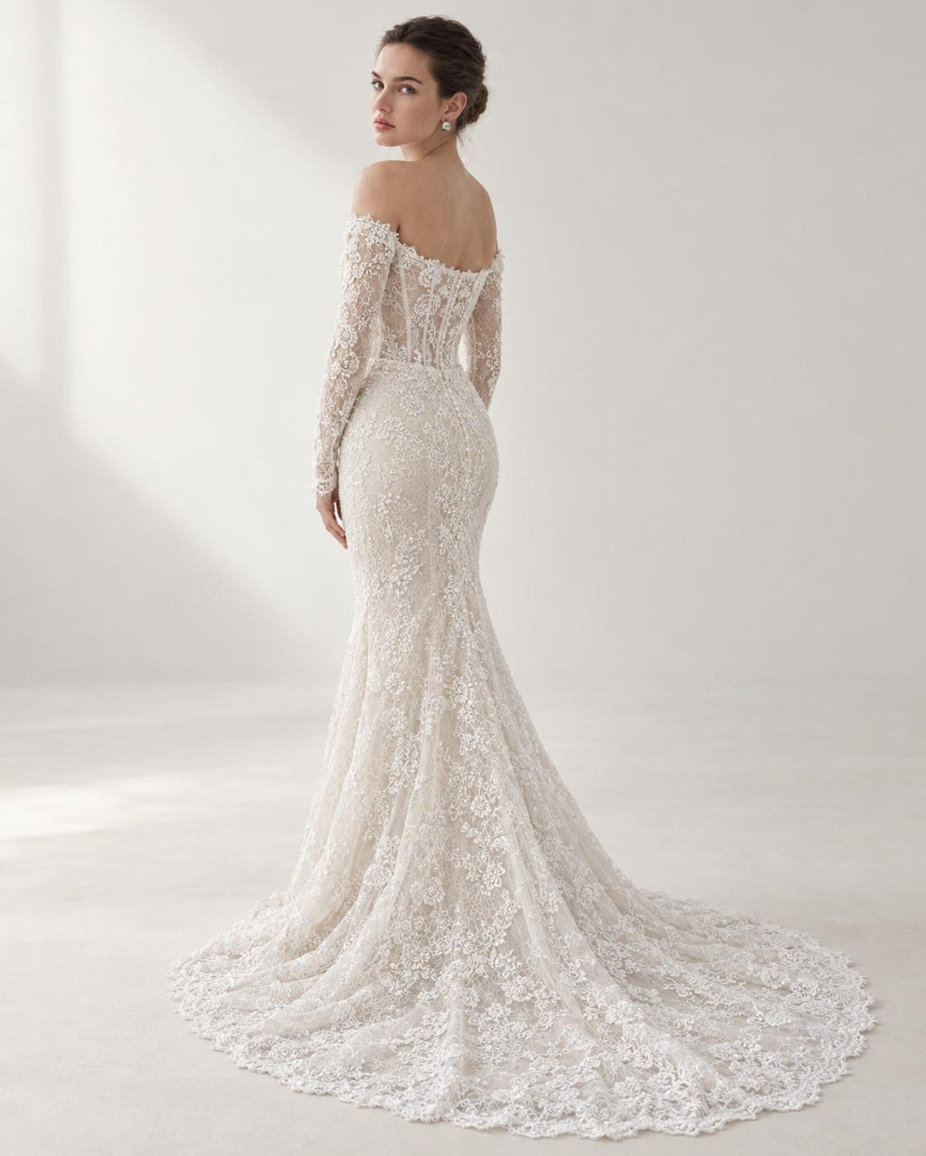 Off Shoulder Lace Mermaid Wedding Dress, Long Sleeve Floral Lace Bridal Gown, Chapel Train Wedding Gown