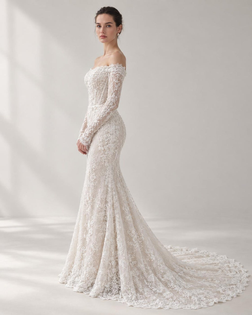 Off Shoulder Lace Mermaid Wedding Dress, Long Sleeve Floral Lace Bridal Gown, Chapel Train Wedding Gown