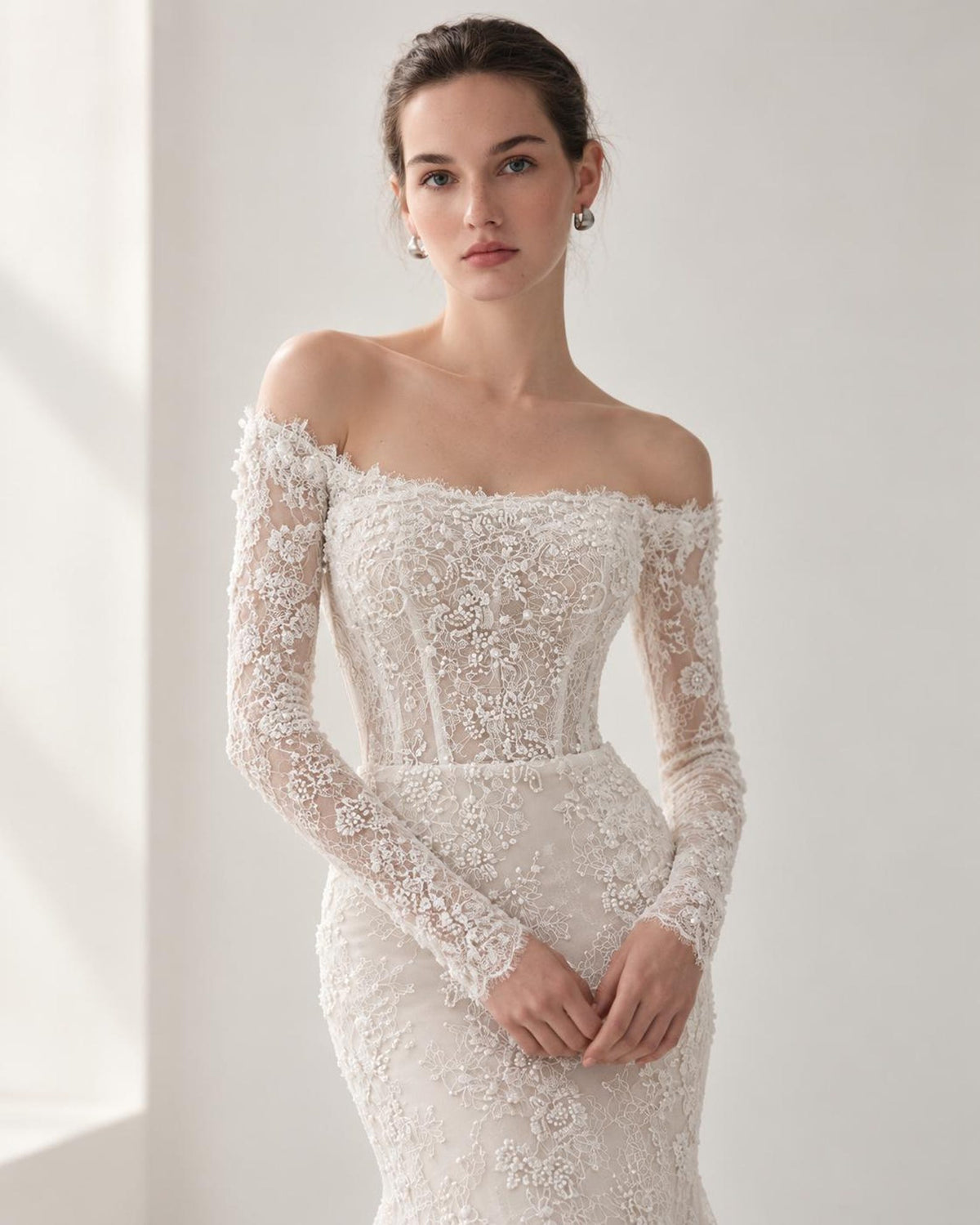Off Shoulder Lace Mermaid Wedding Dress, Long Sleeve Floral Lace Bridal Gown, Chapel Train Wedding Gown