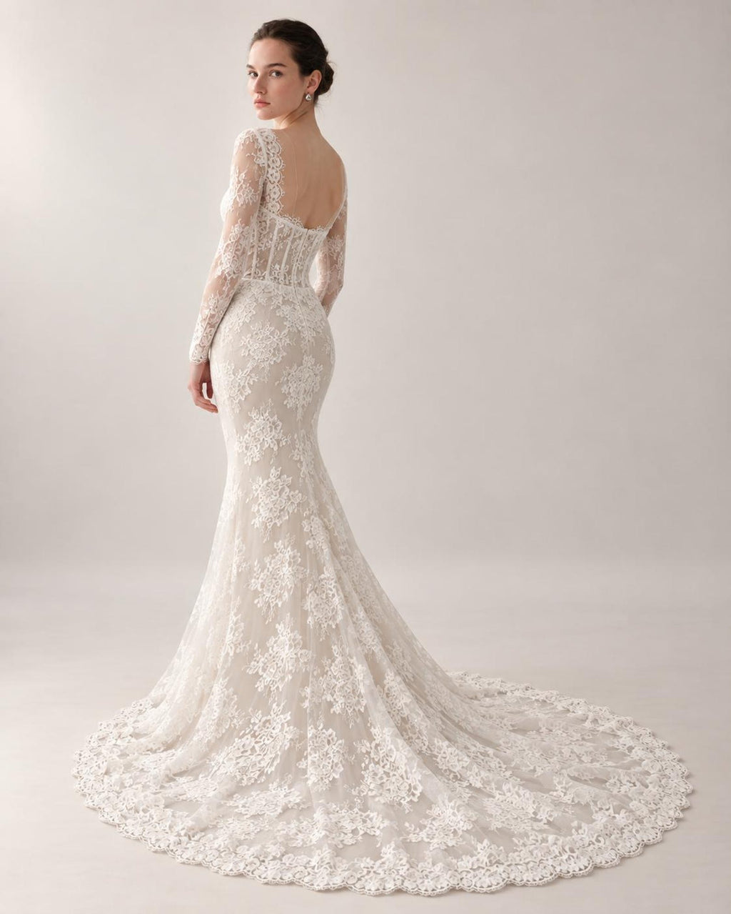 Long Sleeve Lace Mermaid Wedding Dress, Sweetheart Corset Bridal Gown, Floral Lace Chapel Train Wedding Gown