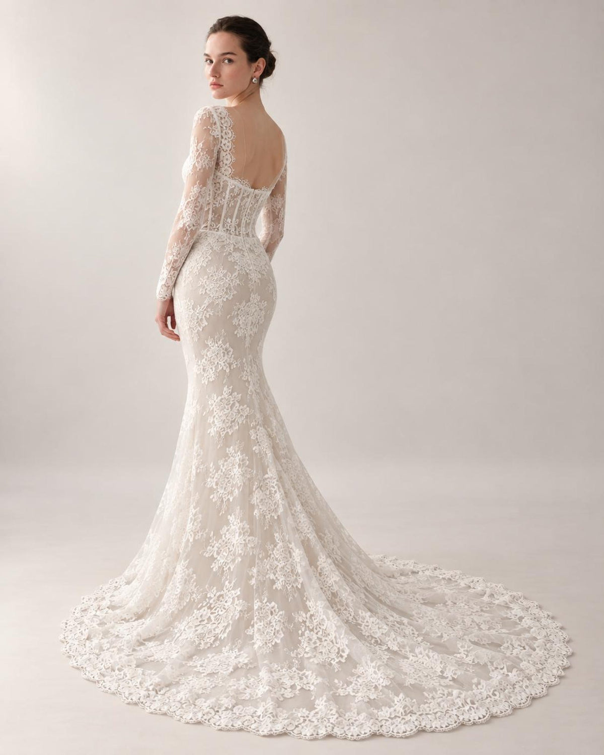 Long Sleeve Lace Mermaid Wedding Dress, Sweetheart Corset Bridal Gown, Floral Lace Chapel Train Wedding Gown